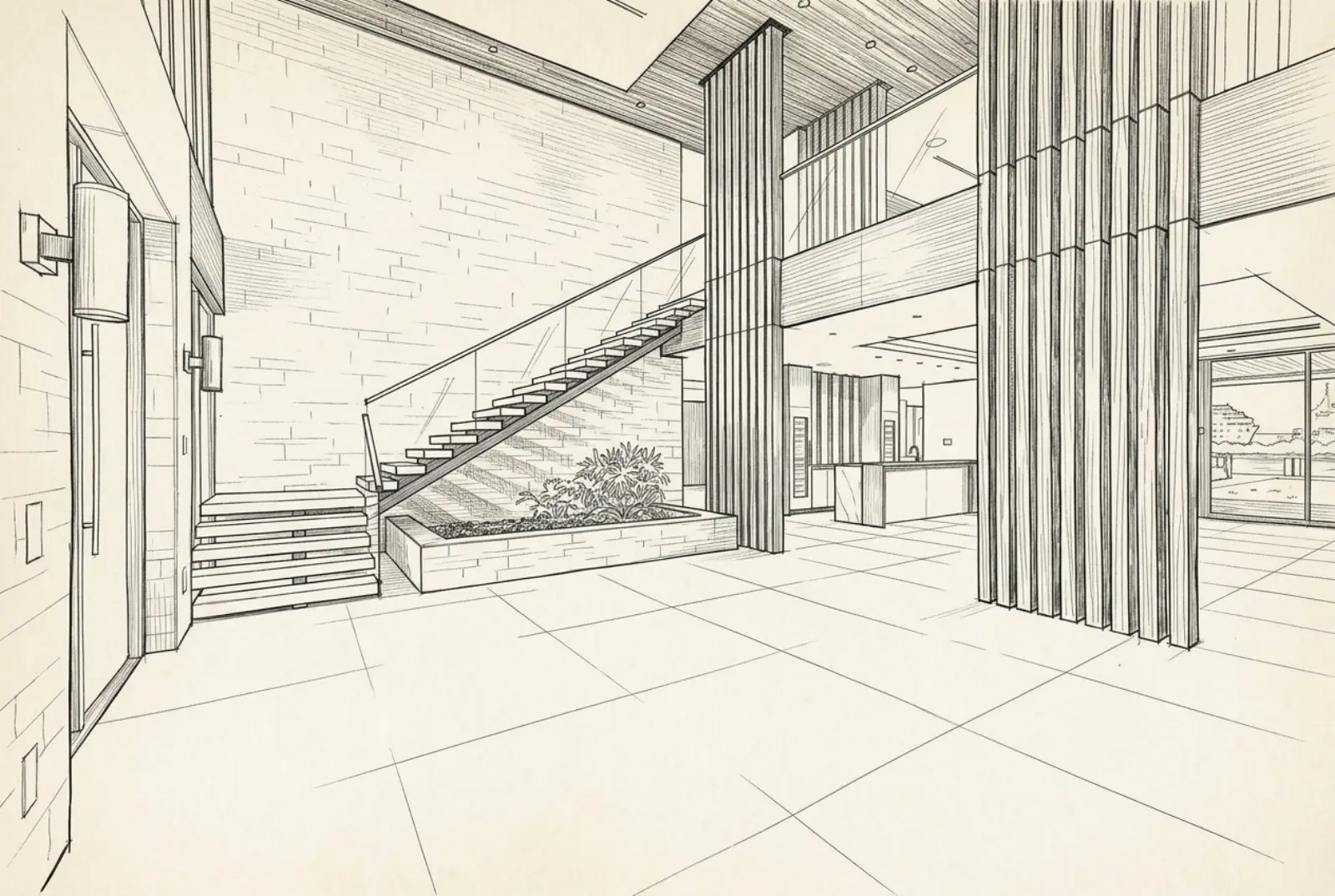Drawing of the double-height foyer