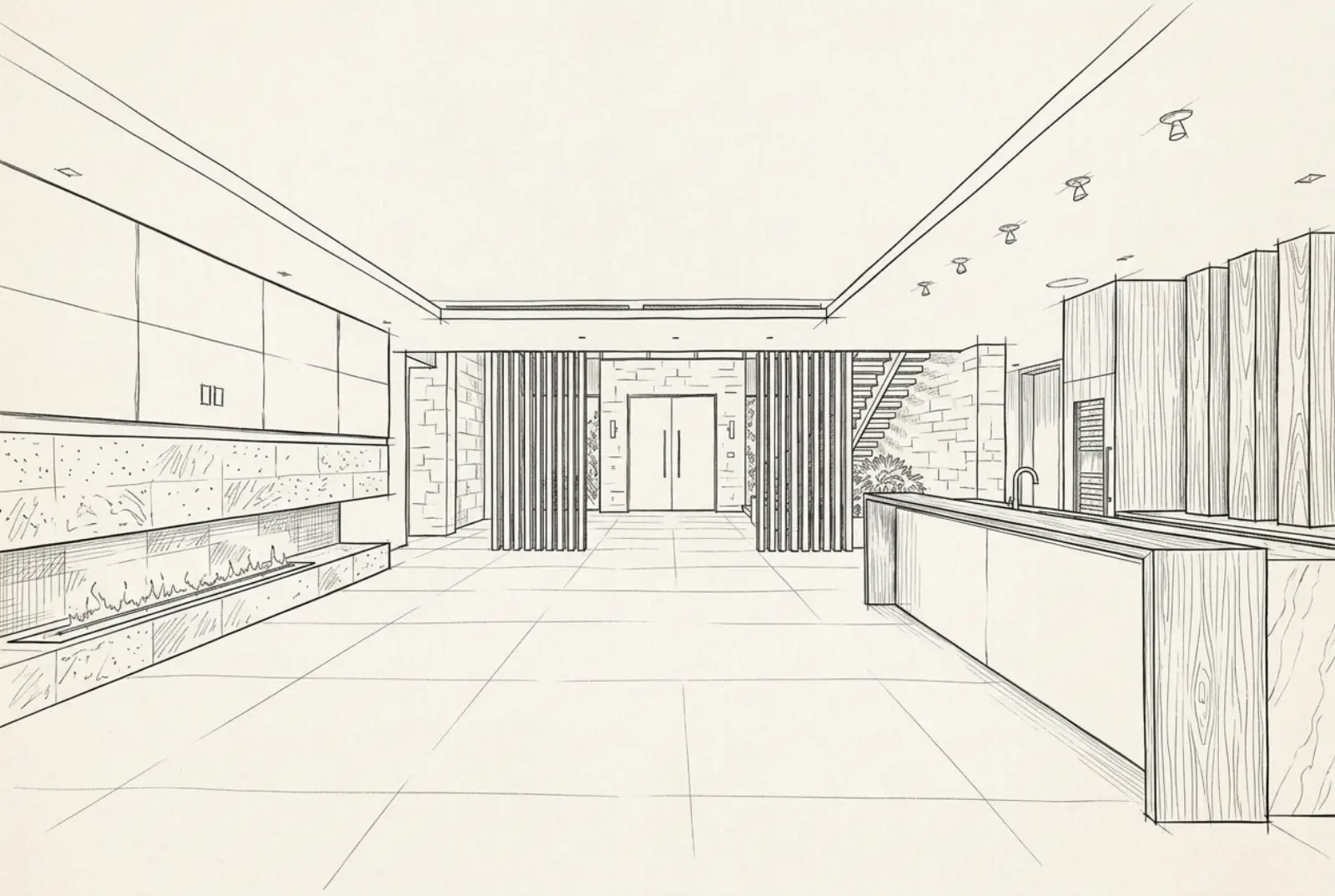 Drawing of living room and bar